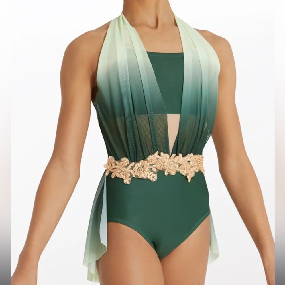 Weissman Elite Draped Halter Green Mesh Dance Leotard Costume NEW Large Child